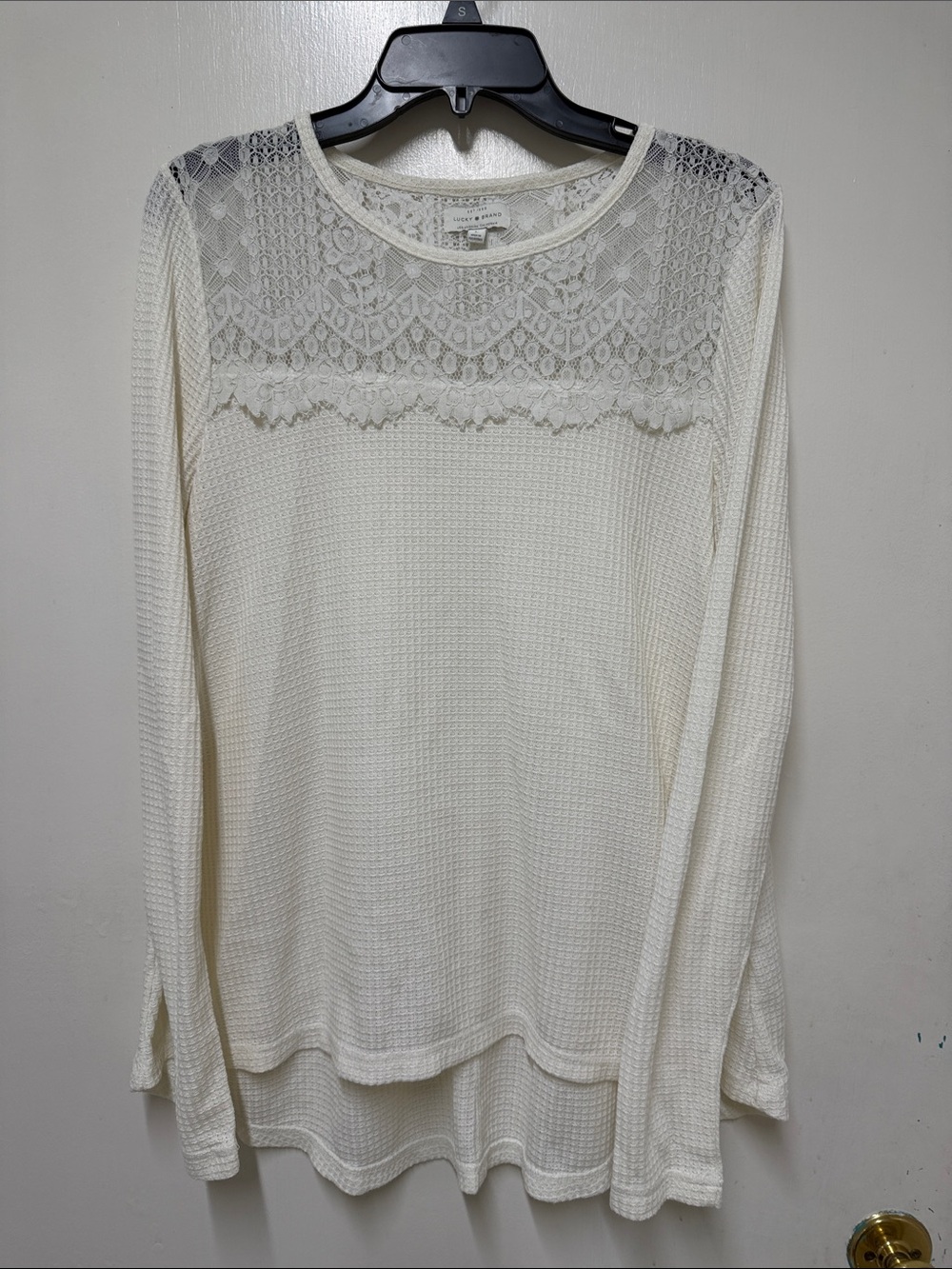 Lucky Brand Ivory Lace Yoke Waffle Knit Long Sleeve Top
